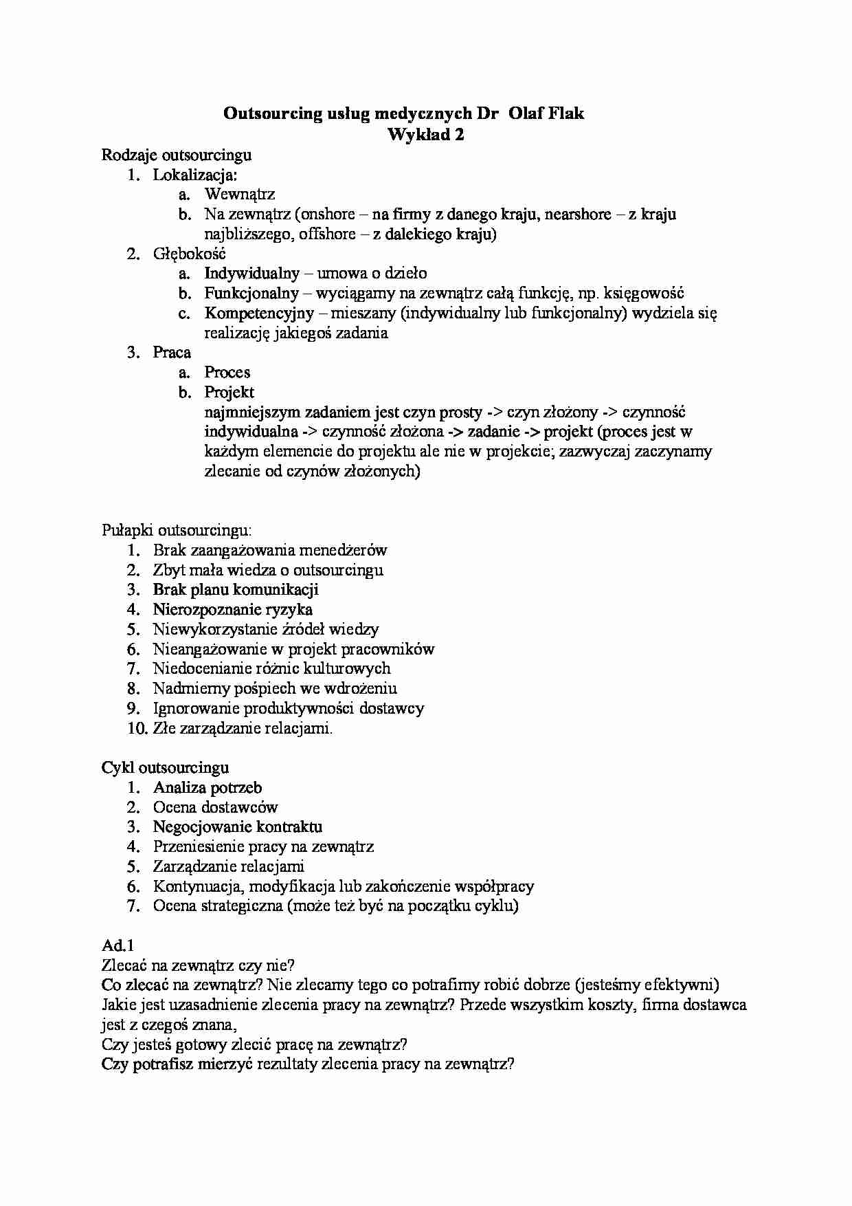 Outsourcing usług medycznych- wykład 2 - strona 1