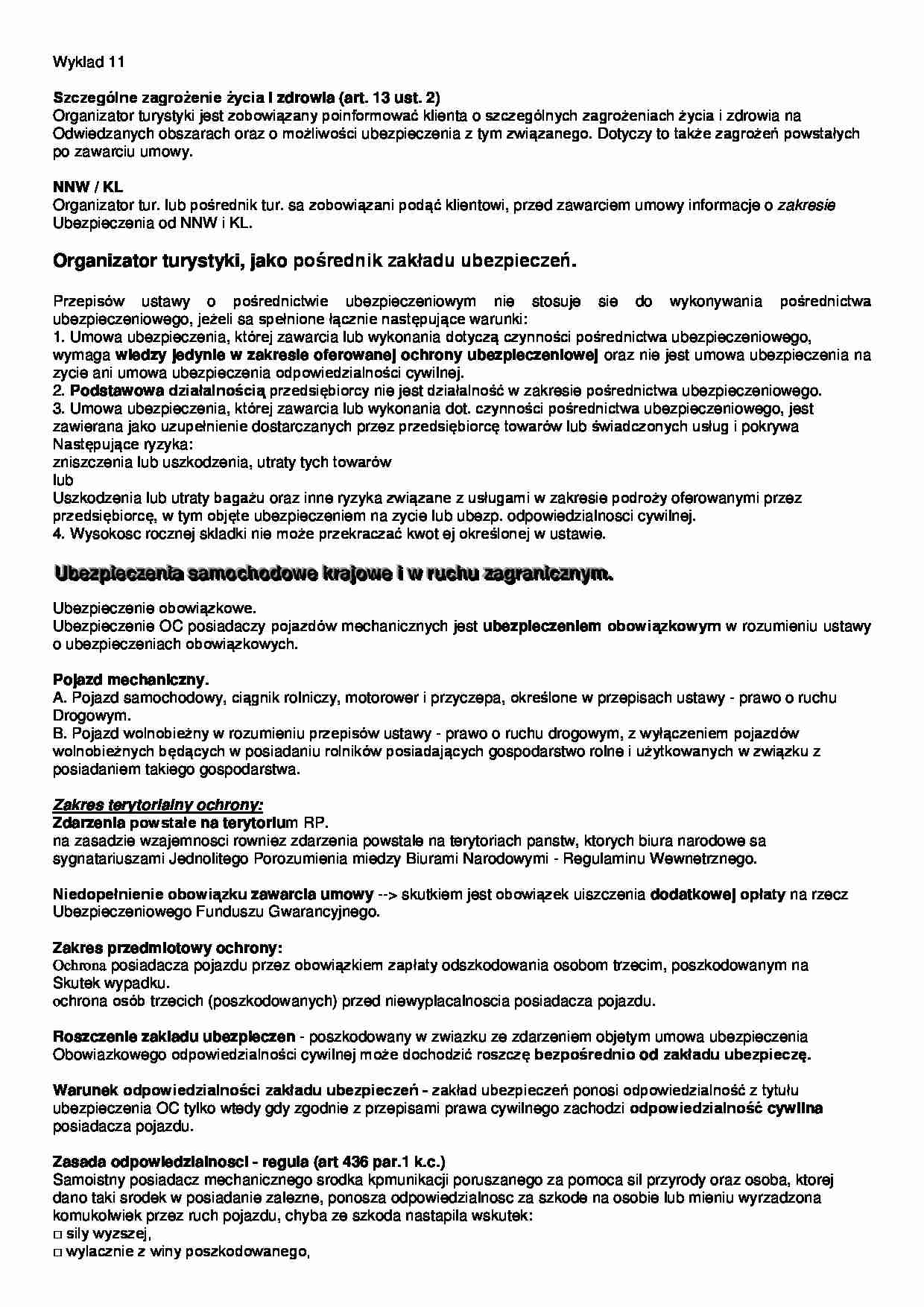 Ubezpieczenia w turystyce- wykład 11 - strona 1
