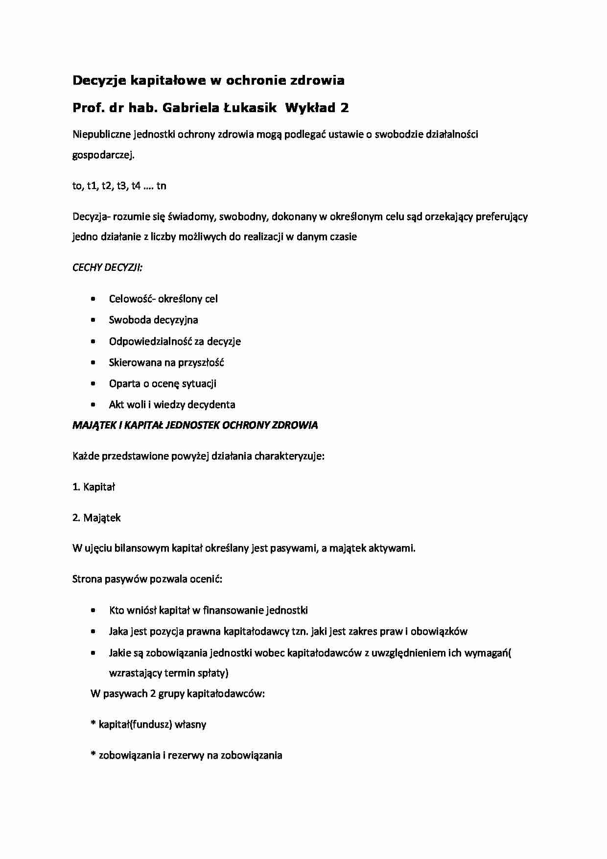 Decyzje kapitałowe w ochronie zdrowia- wykład 2 - strona 1