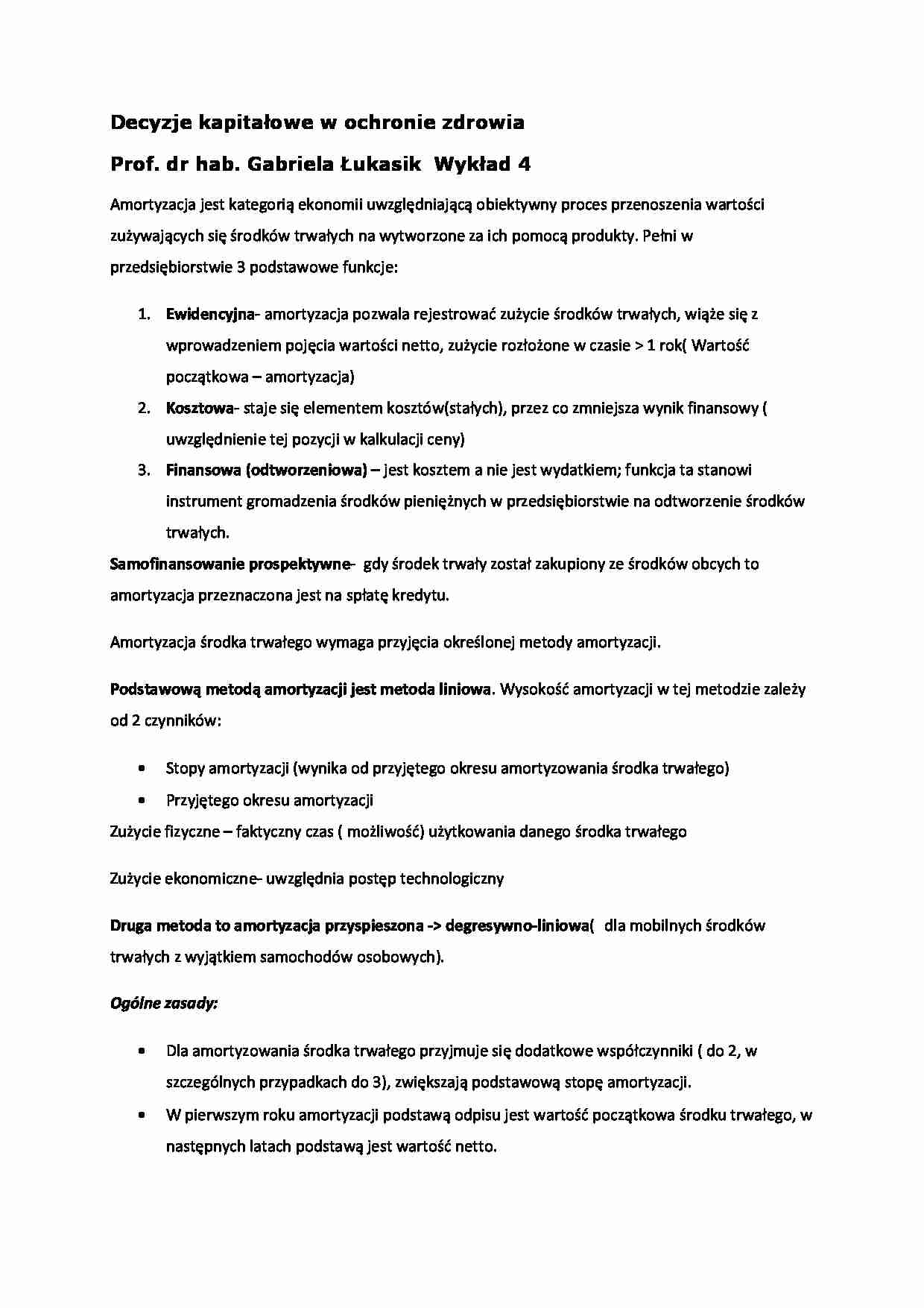 Decyzje kapitałowe w ochronie zdrowia- wykład 4 - strona 1