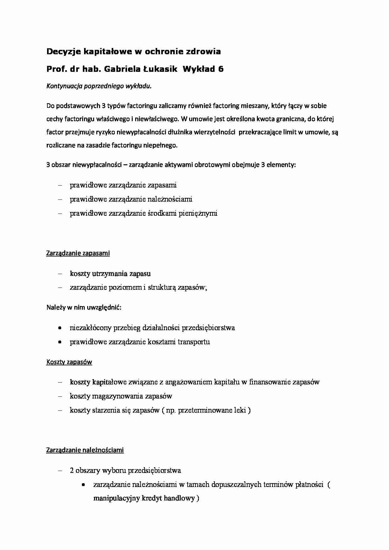 Decyzje kapitałowe w ochronie zdrowia- wykład 6 - strona 1
