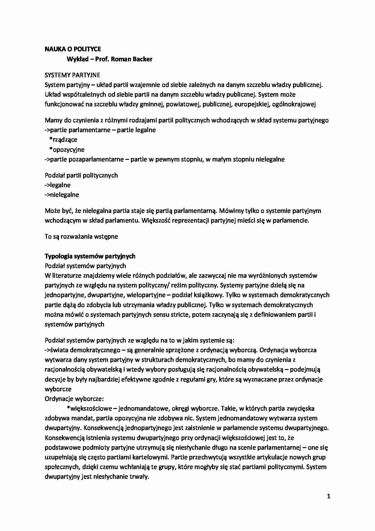 Systemy partyjne- Wykład - strona 1