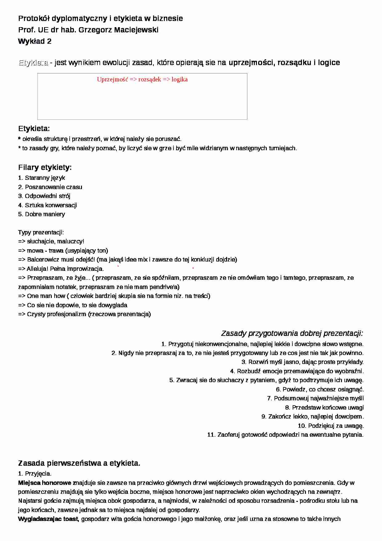 Protokół dyplomatyczny i etykieta w biznesie- wykład 2 - strona 1
