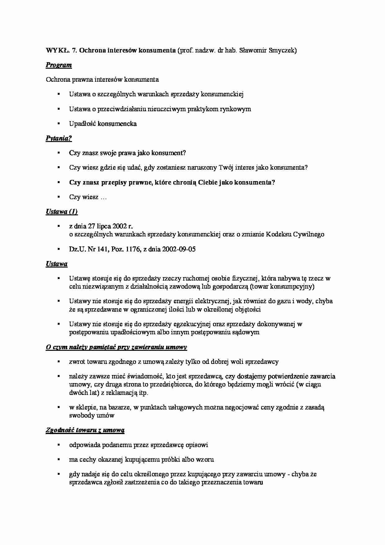 Ochrona interesów konsumenta- wykład 7 - strona 1