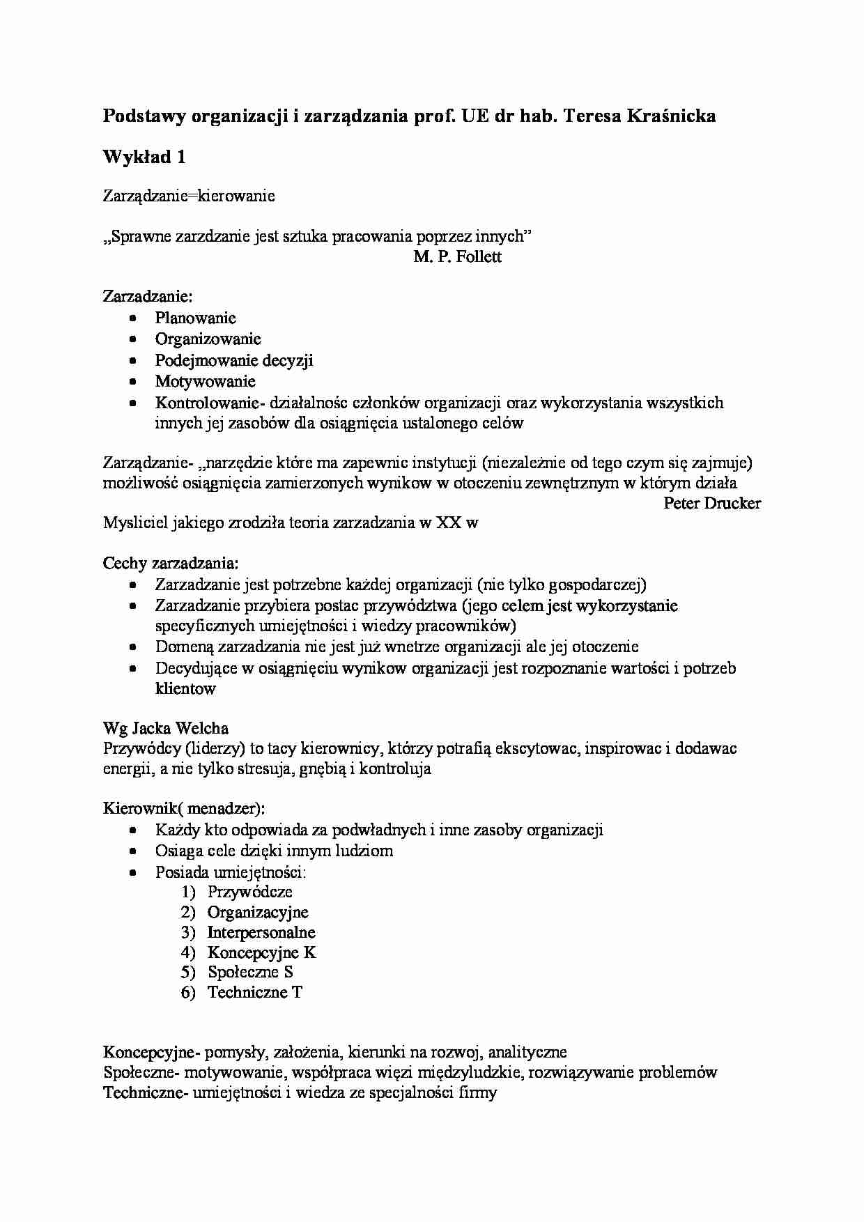 Podstawy organizacji i zarządzania- wykład 1 - strona 1