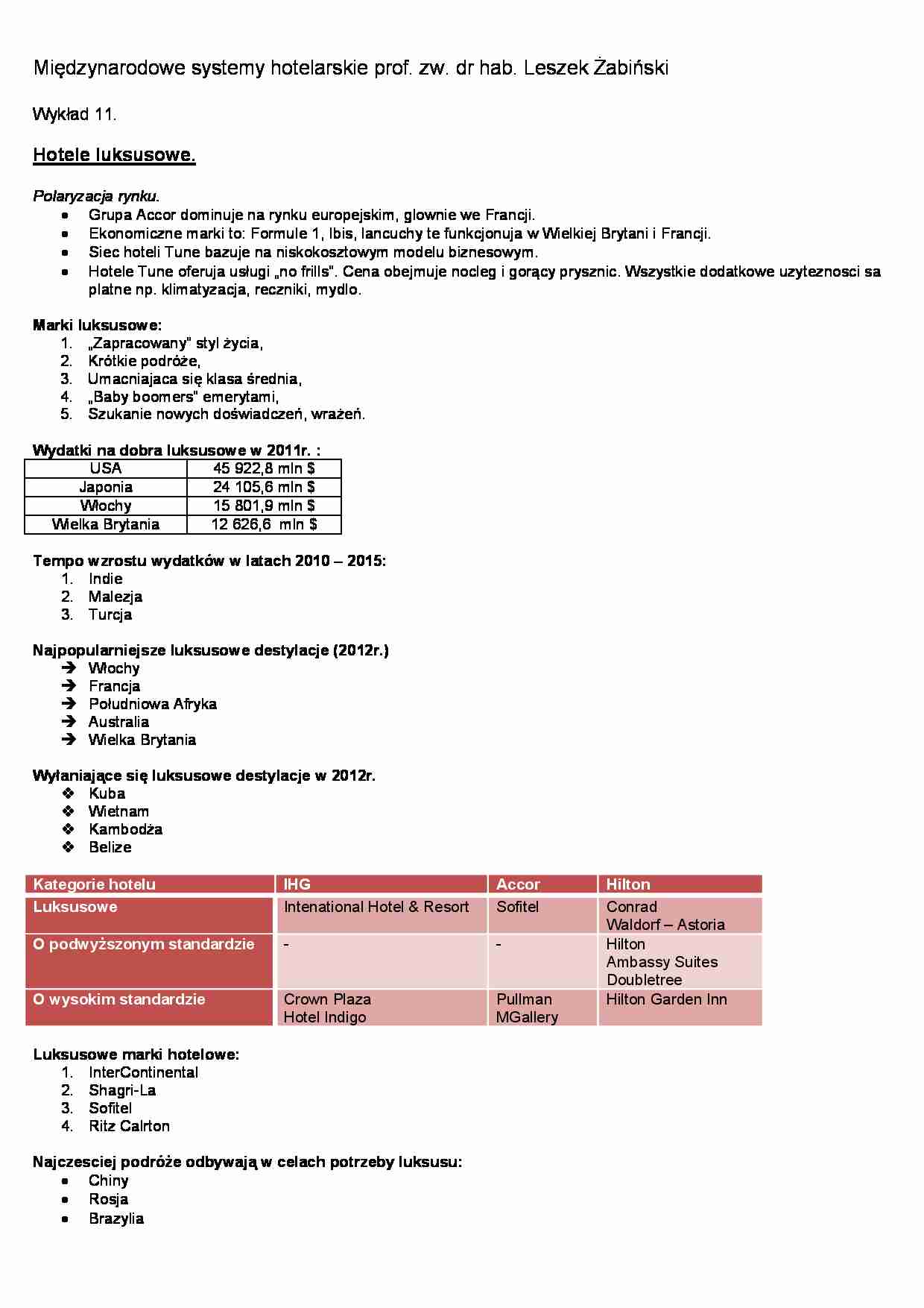 Międzynarodowe systemy hotelarskie- wykład 11 - strona 1