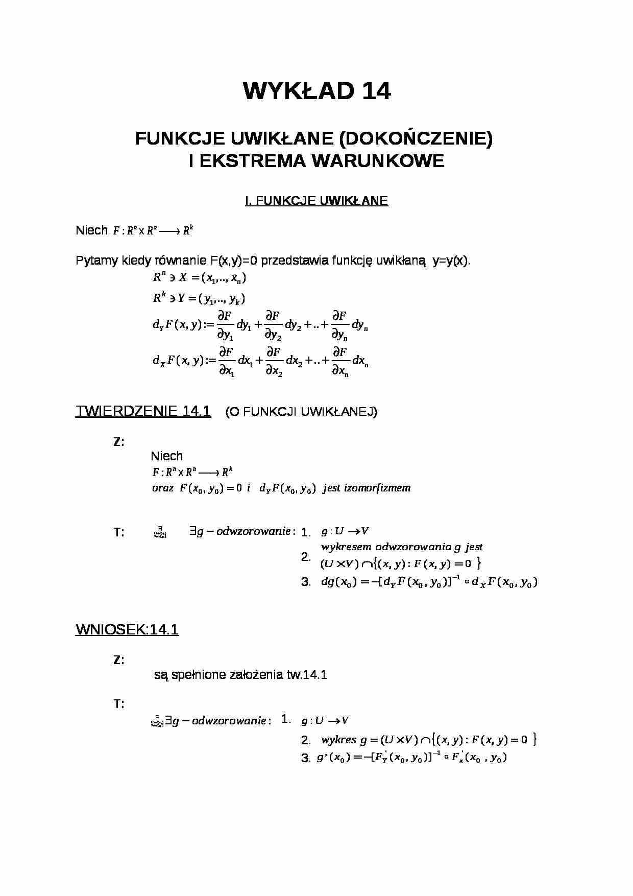 Funkcje uwikłane i ekstrema warunkowe- wykład 14 - strona 1