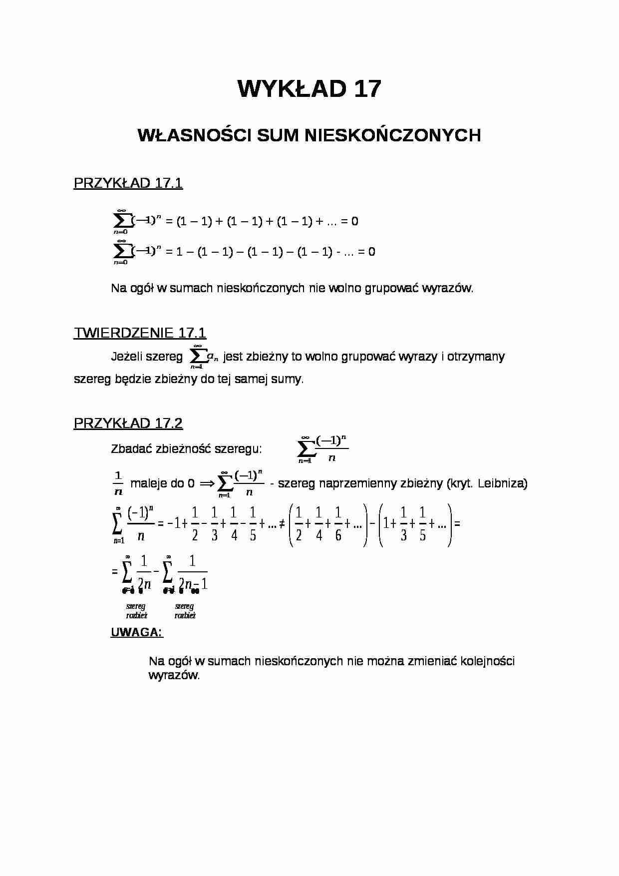 Własności sum nieskończonych- wykład 17 - strona 1