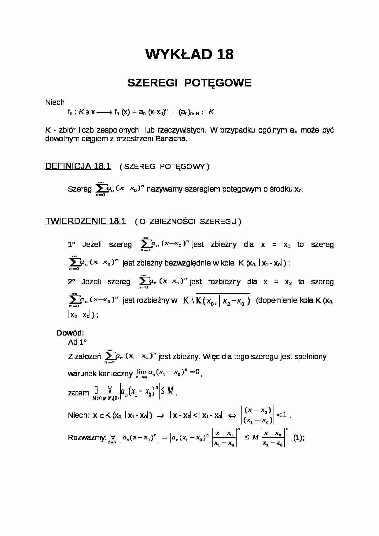 Szeregi potęgowe- wykład 18 - strona 1