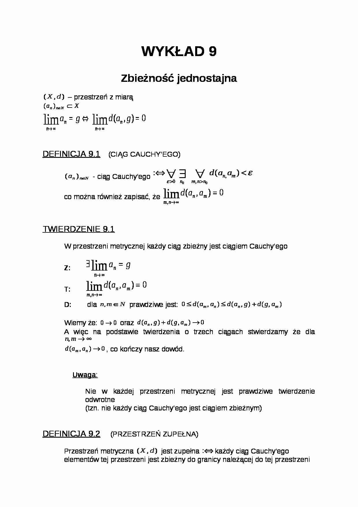 Zbieżność jednostajna- wykład 9 - strona 1