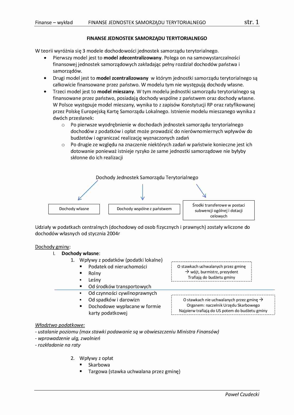 Finanse - Finanse jednostek samorządu terytorialnego WYKŁAD - strona 1