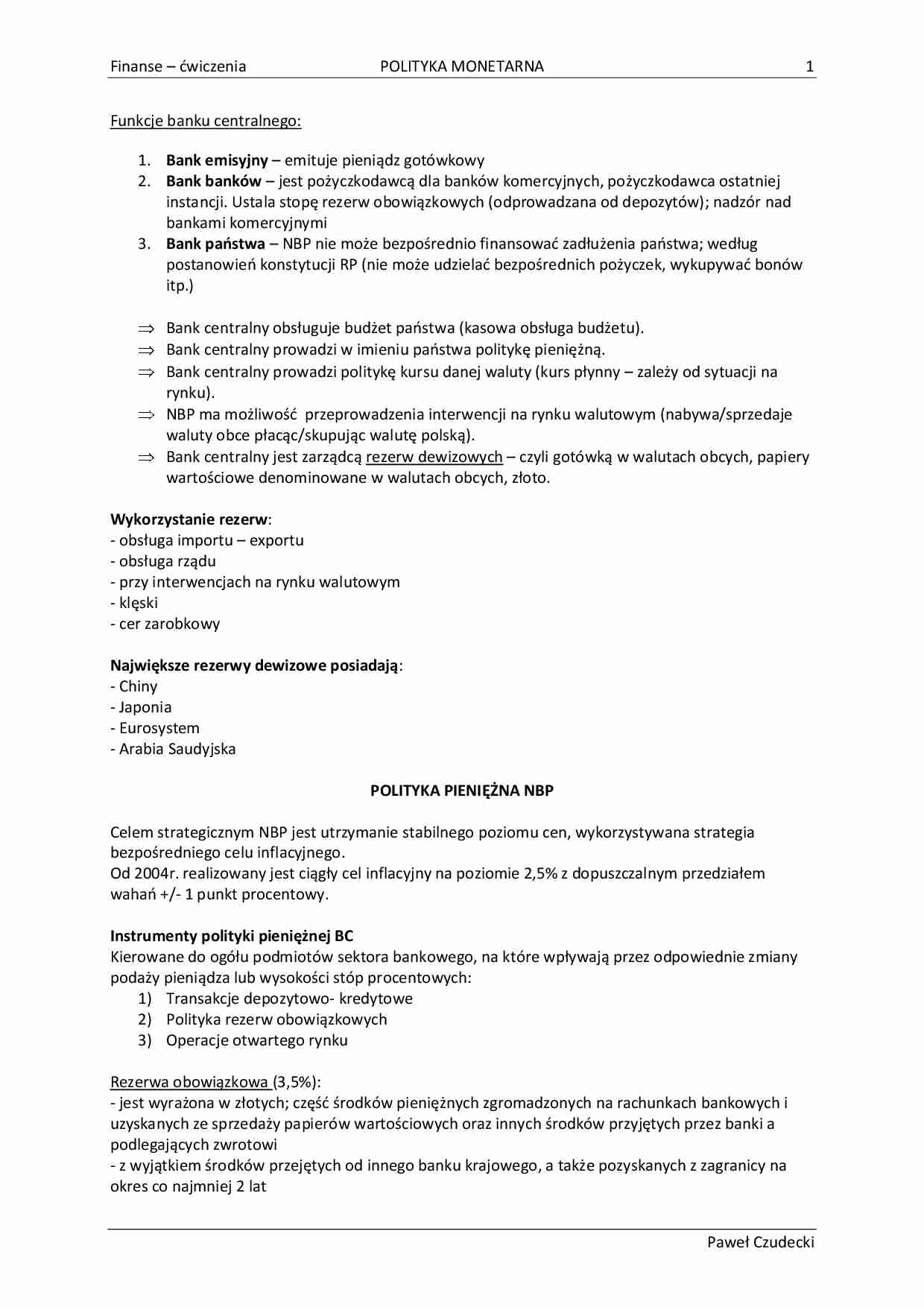 Finanse - polityka monetarna ĆWICZENIA - strona 1