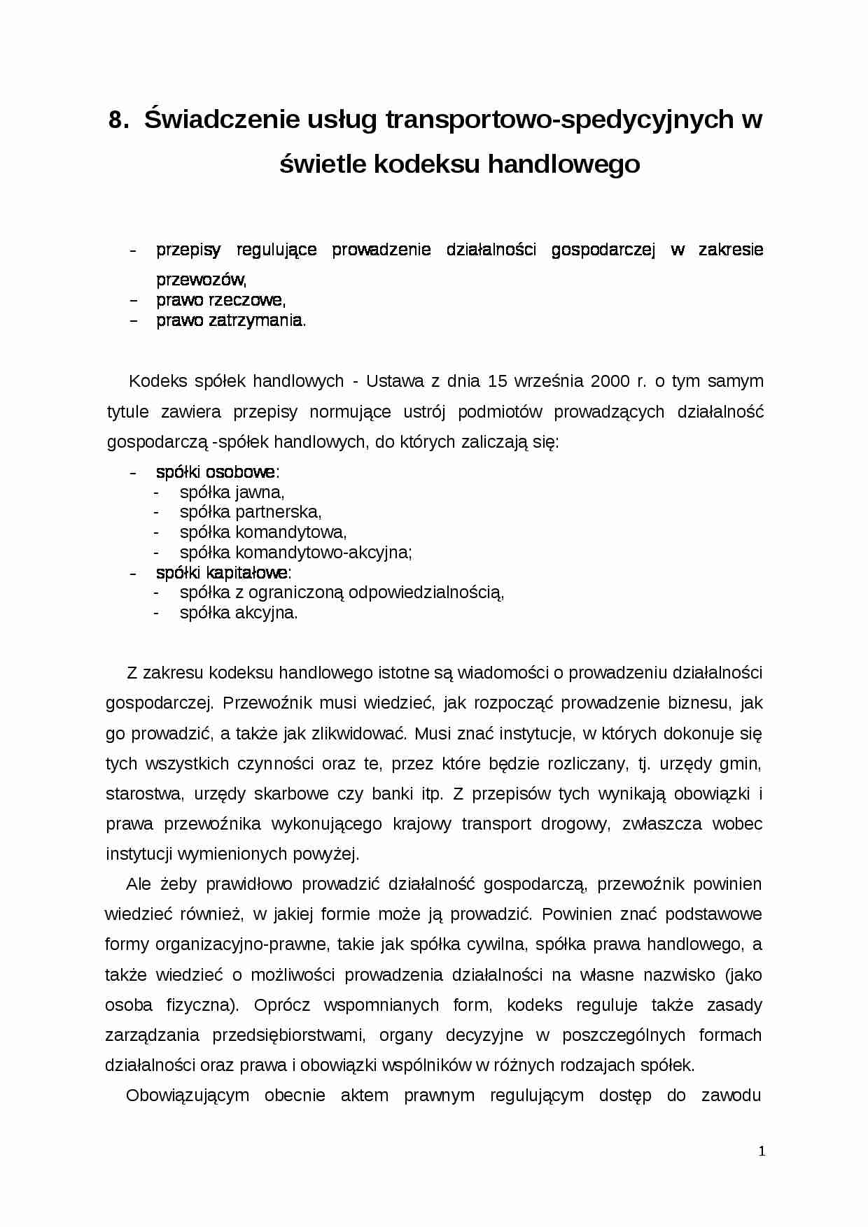Świadczenie usług transportowo-spedycyjnych w świetle kodeksu handlowego - strona 1