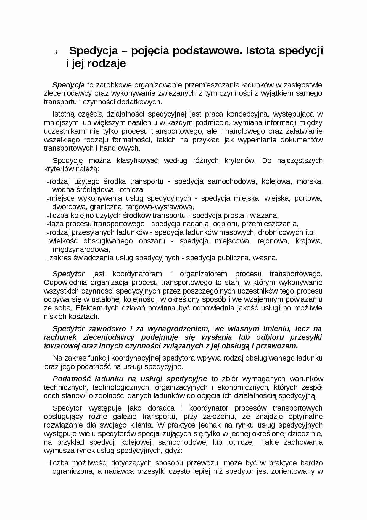 Istota spedycji i jej rodzaje- opracowanie - strona 1