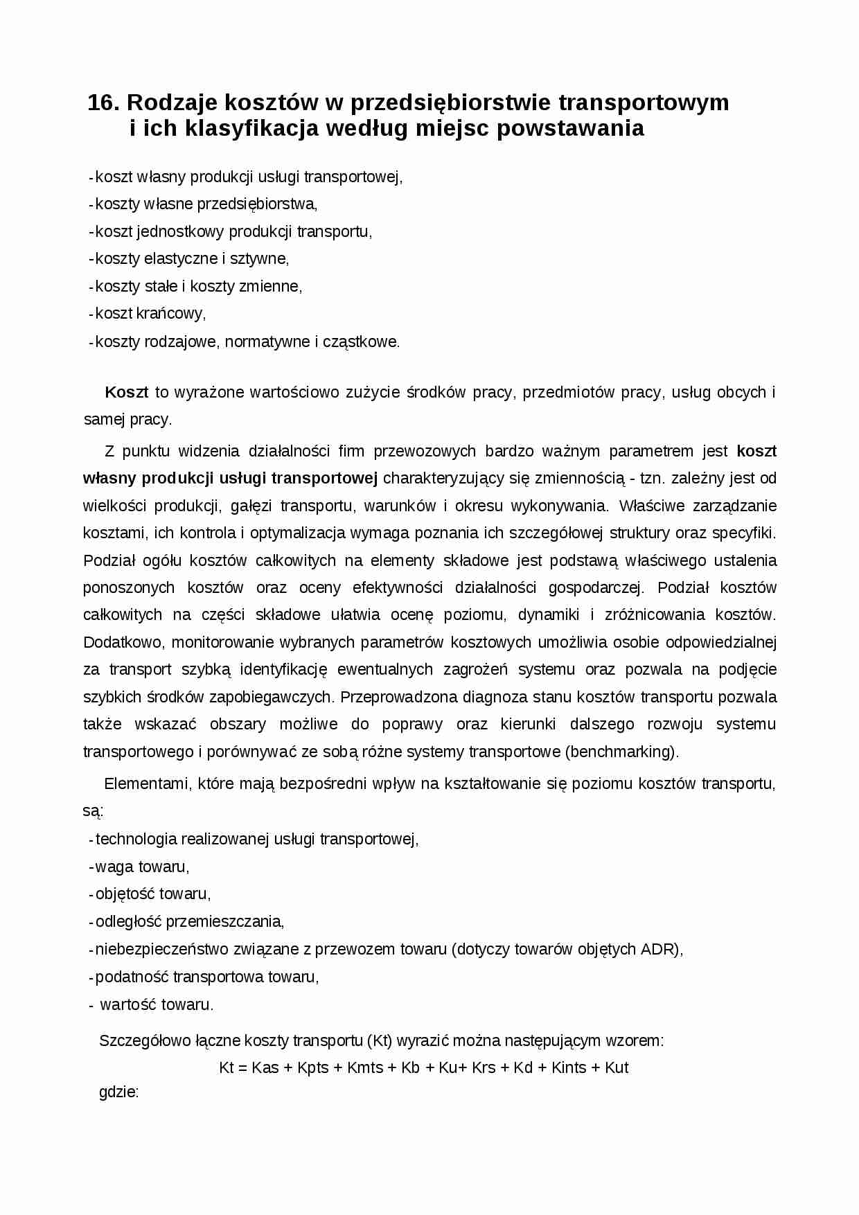 Rodzaje kosztow w przedsiebiorstwie transportowym i ich klasyfikacja wedlug miejsc powstawania - strona 1