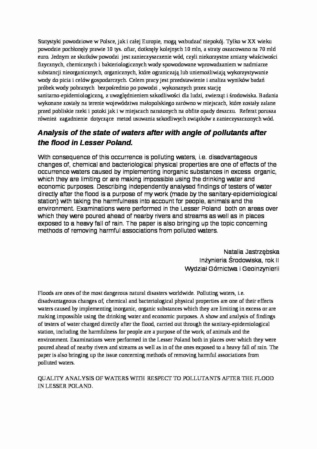 Streszczenie referatu, Analiza wody popowodziowej, WYKŁAD - strona 1