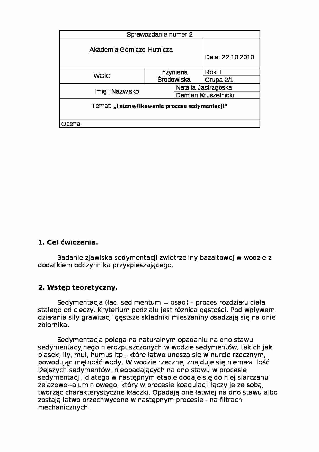 Intensyfikowanie procesu sedymentacji, LABORATORIUM - strona 1