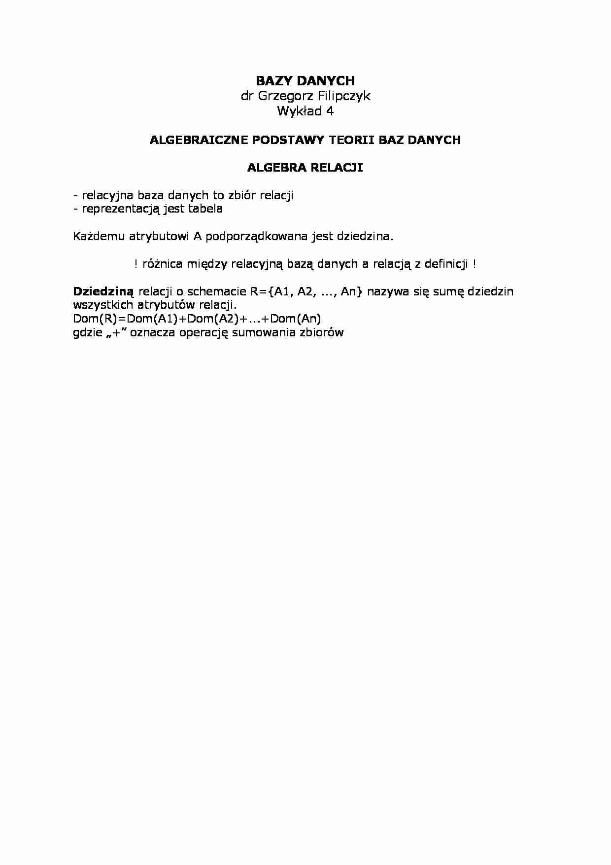 Wykład - algebraiczne podstawy teorii baz danych - strona 1