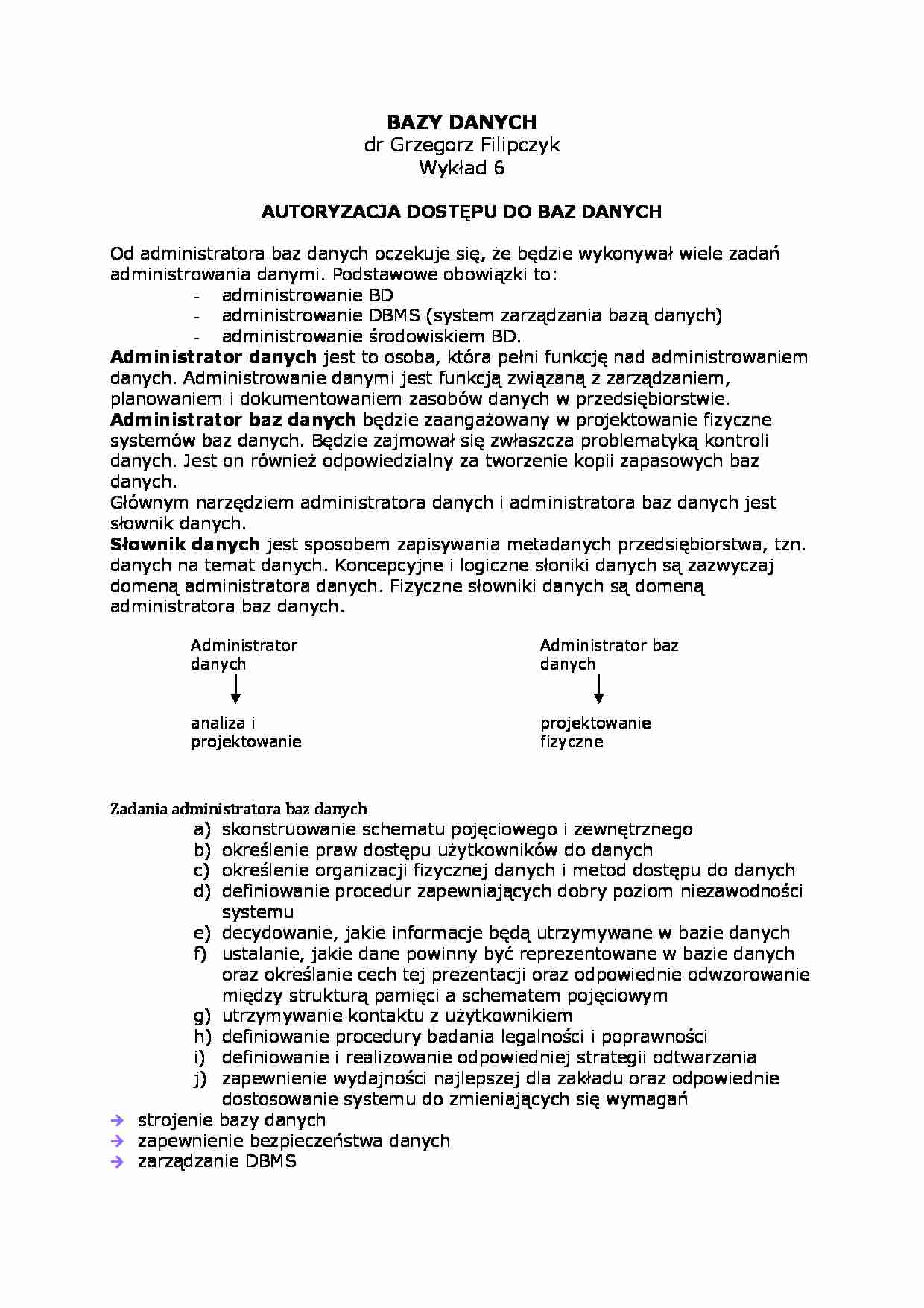 Wykład - autoryzacja dostępu do baz danych - strona 1