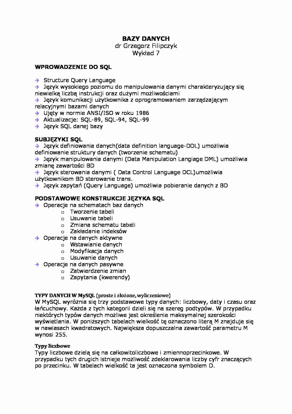 Wykład - wprowadzenie do SQL - strona 1