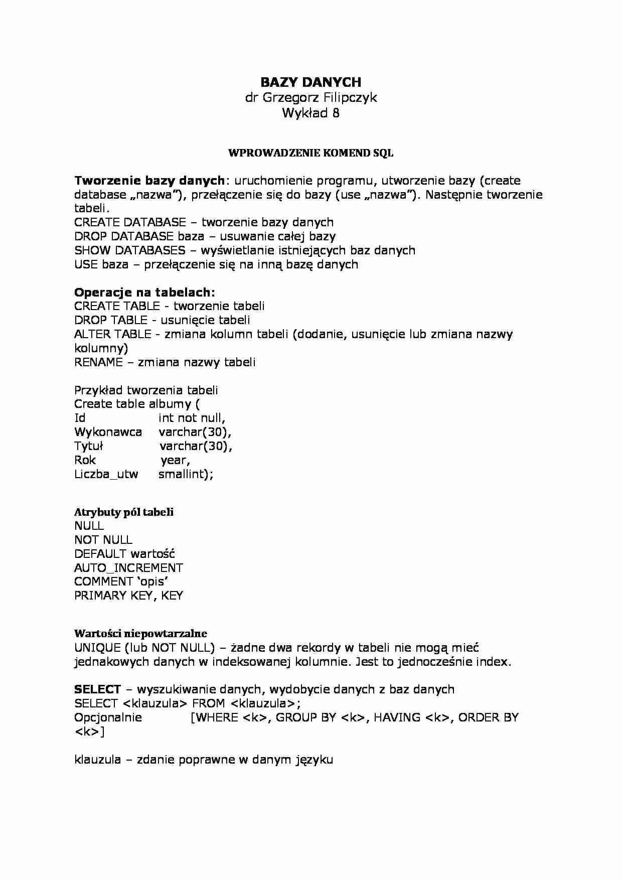 Wykład - wprowadzenie komend SQL - strona 1