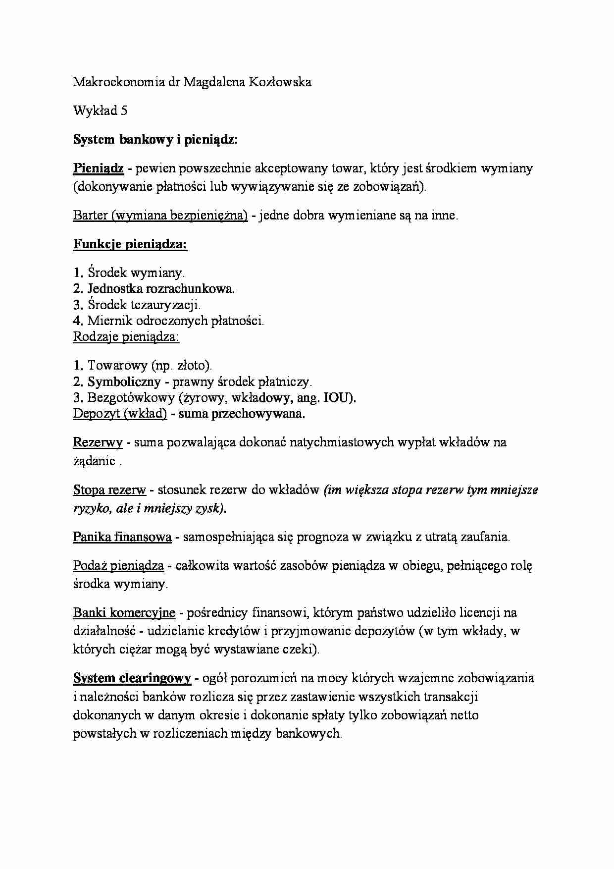 Wykład - System bankowy i pieniądz - strona 1