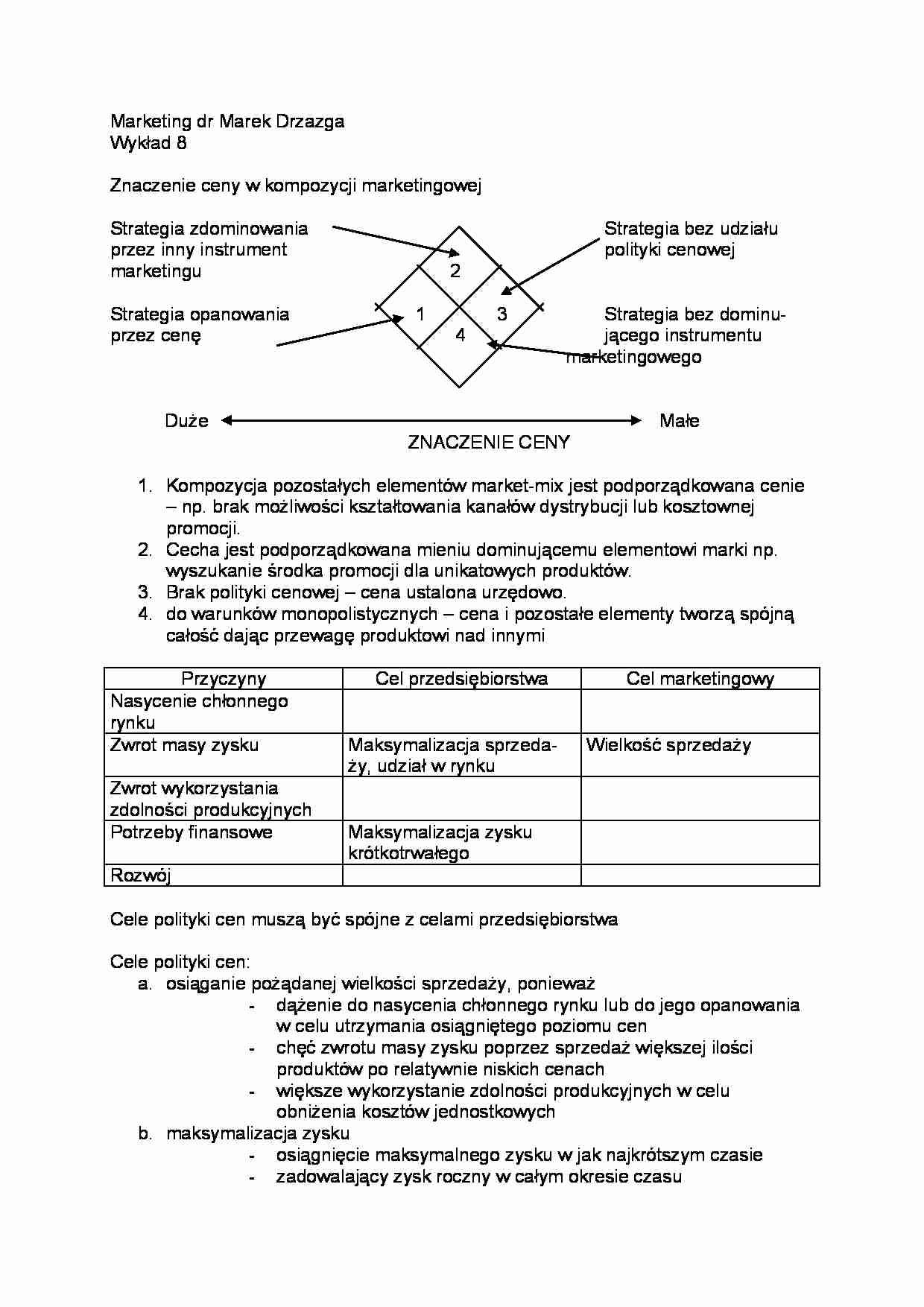 Wykład - Znaczenie ceny w kompozycji marketingowej - strona 1