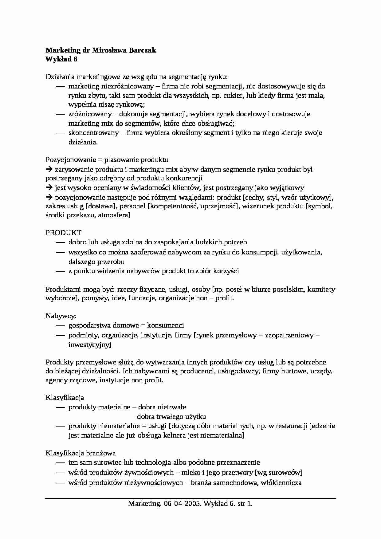 Wykład - Działania marketingowe ze względu na segmentację rynku - strona 1