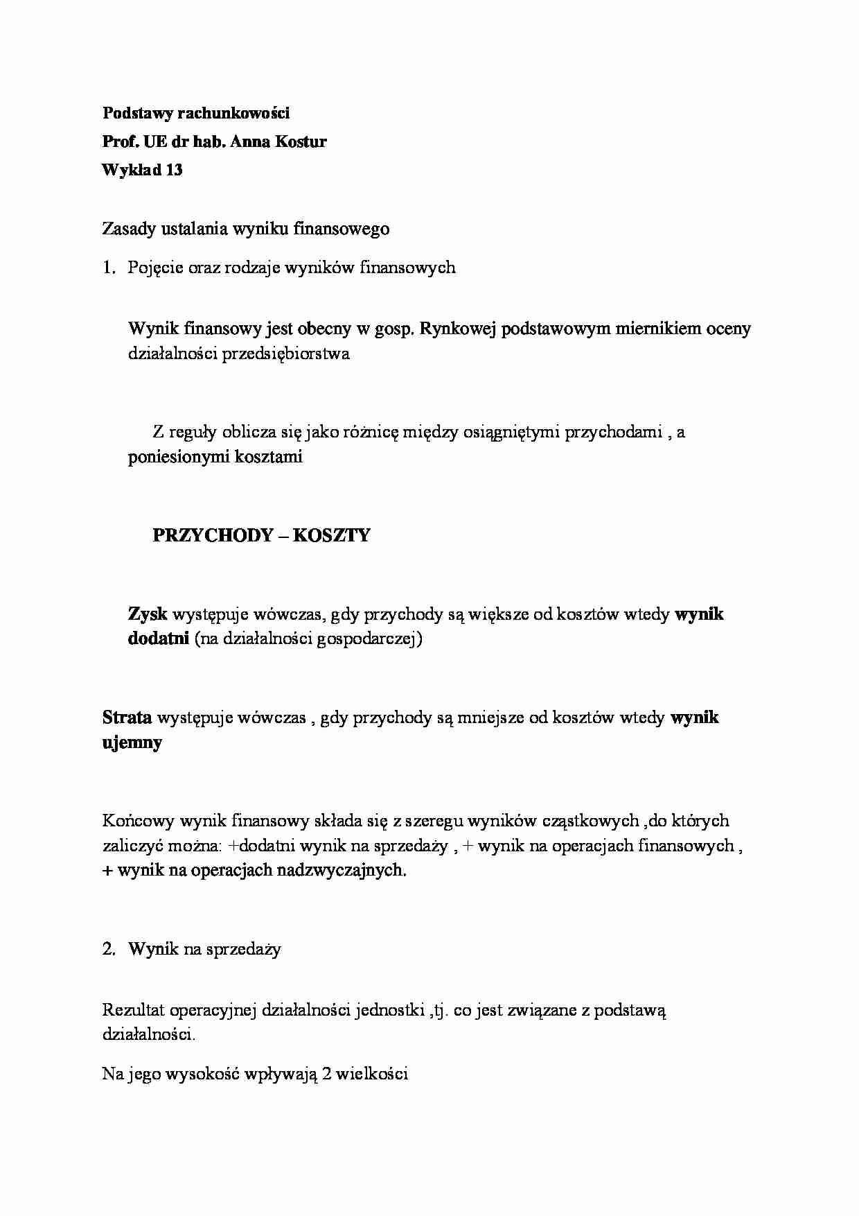 Wykład - Zasady ustalania wyniku finansowego - strona 1