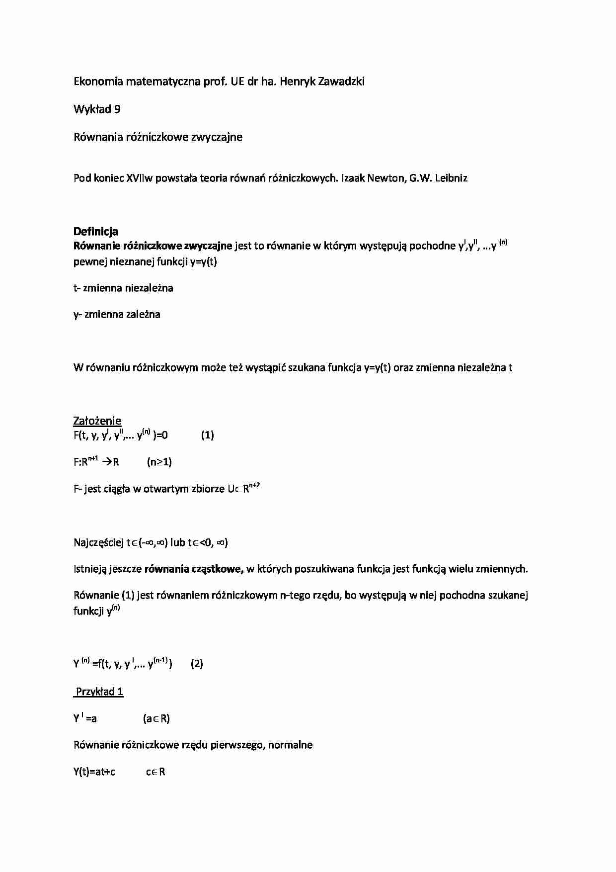 Wykład - Równania różniczkowe zwyczajne - strona 1