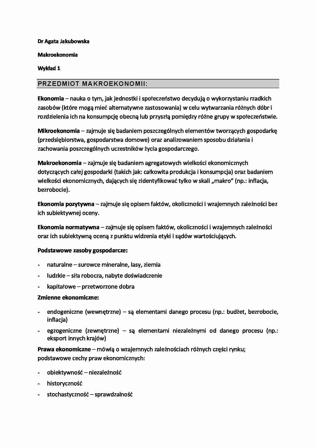 Wykład - Przedmiot makroekonomii - strona 1