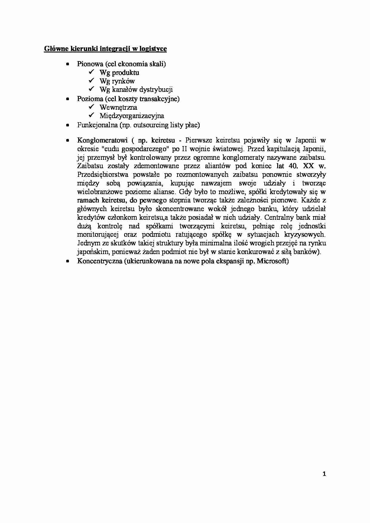 Główne kierunki integracji w logistyce- opracowanie - strona 1