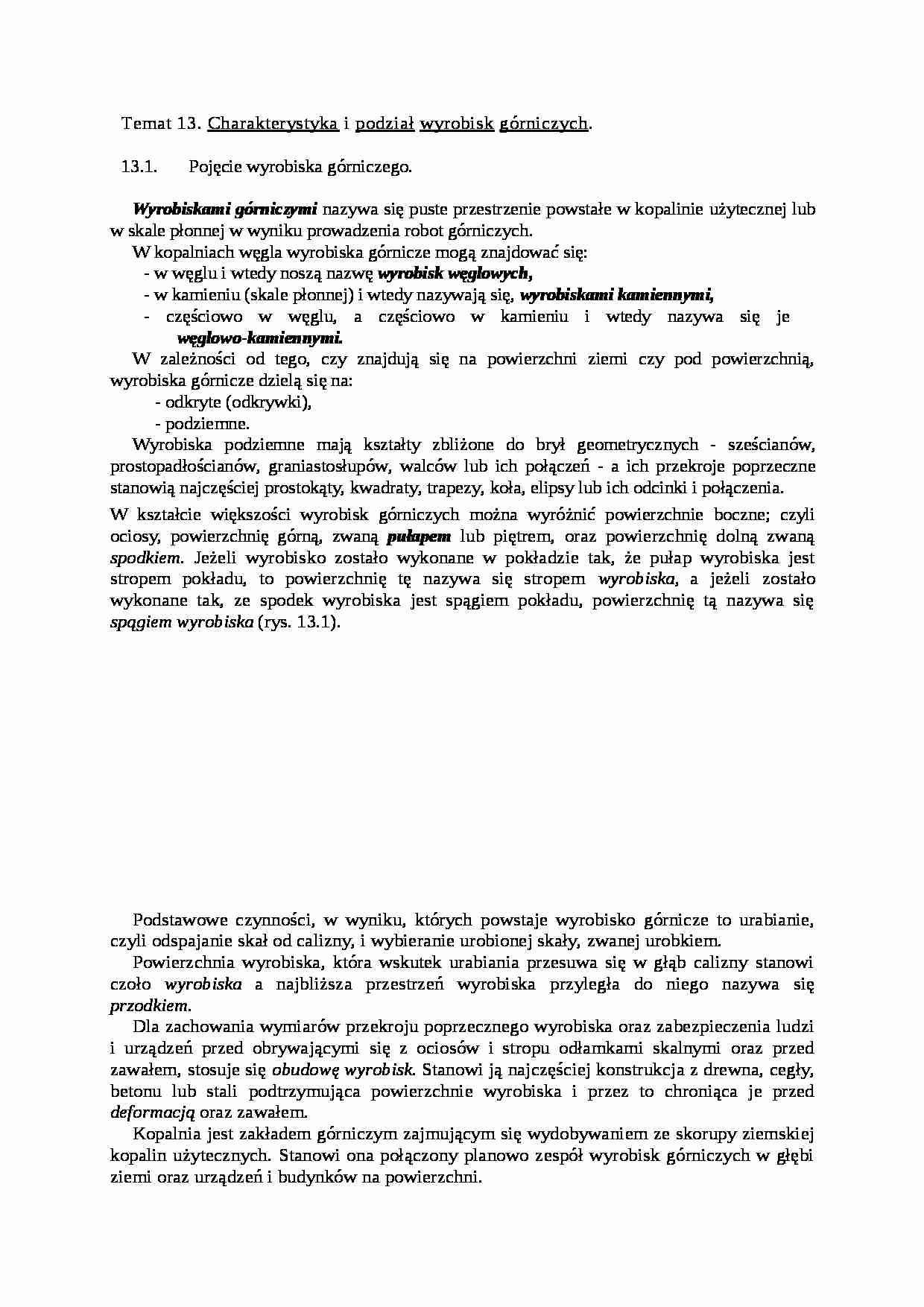 Charakterystyka i podział wyrobisk górniczych - wykład - strona 1