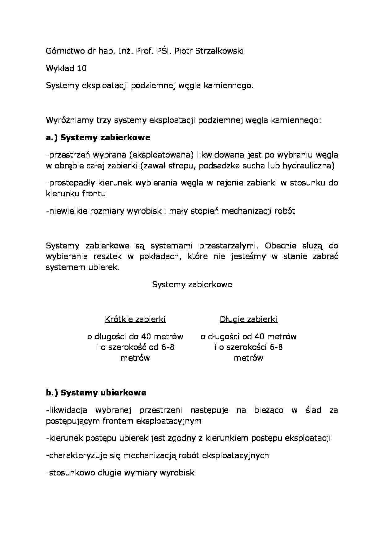 Wykład - Systemy eksploatacji podziemnej węgla kamiennego - strona 1