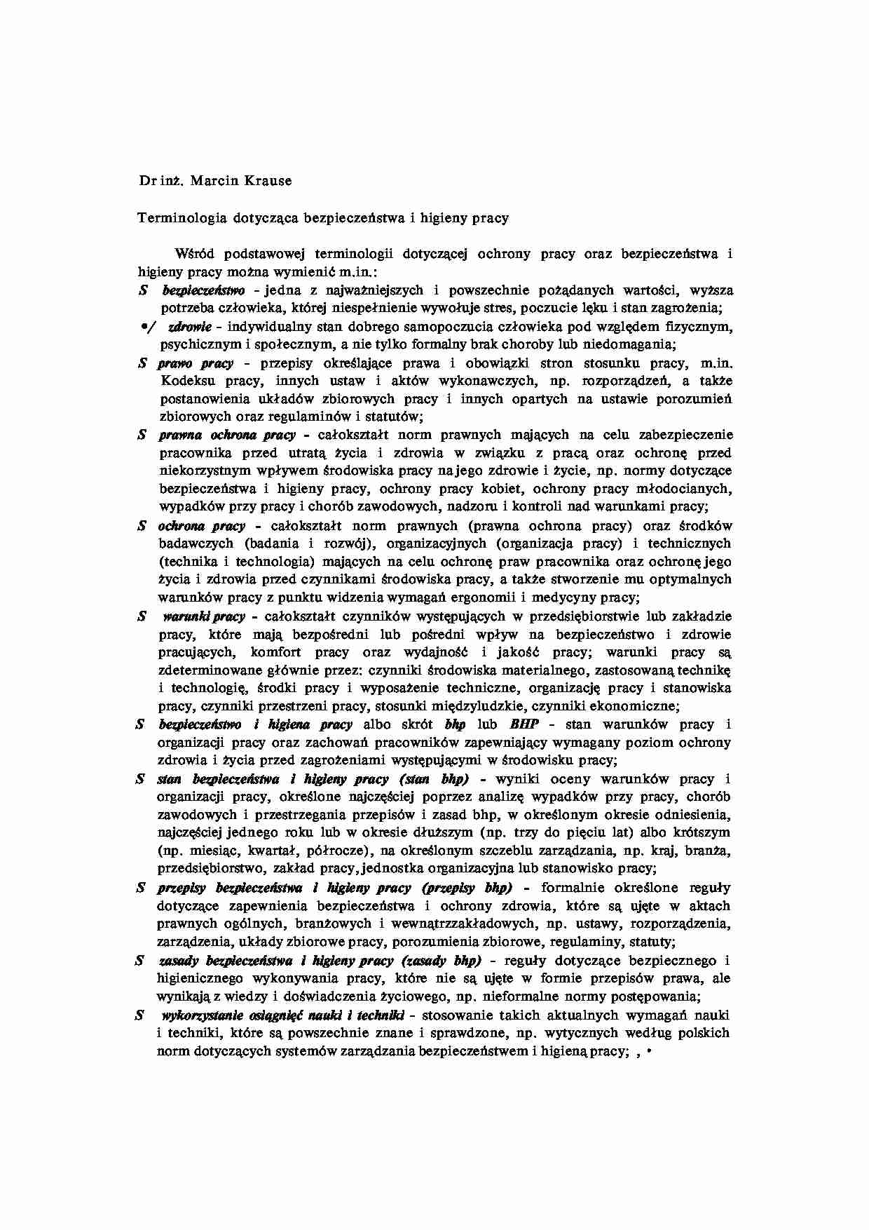 Wykład - Terminologia dotycząca bezpieczeństwa i higieny pracy - strona 1