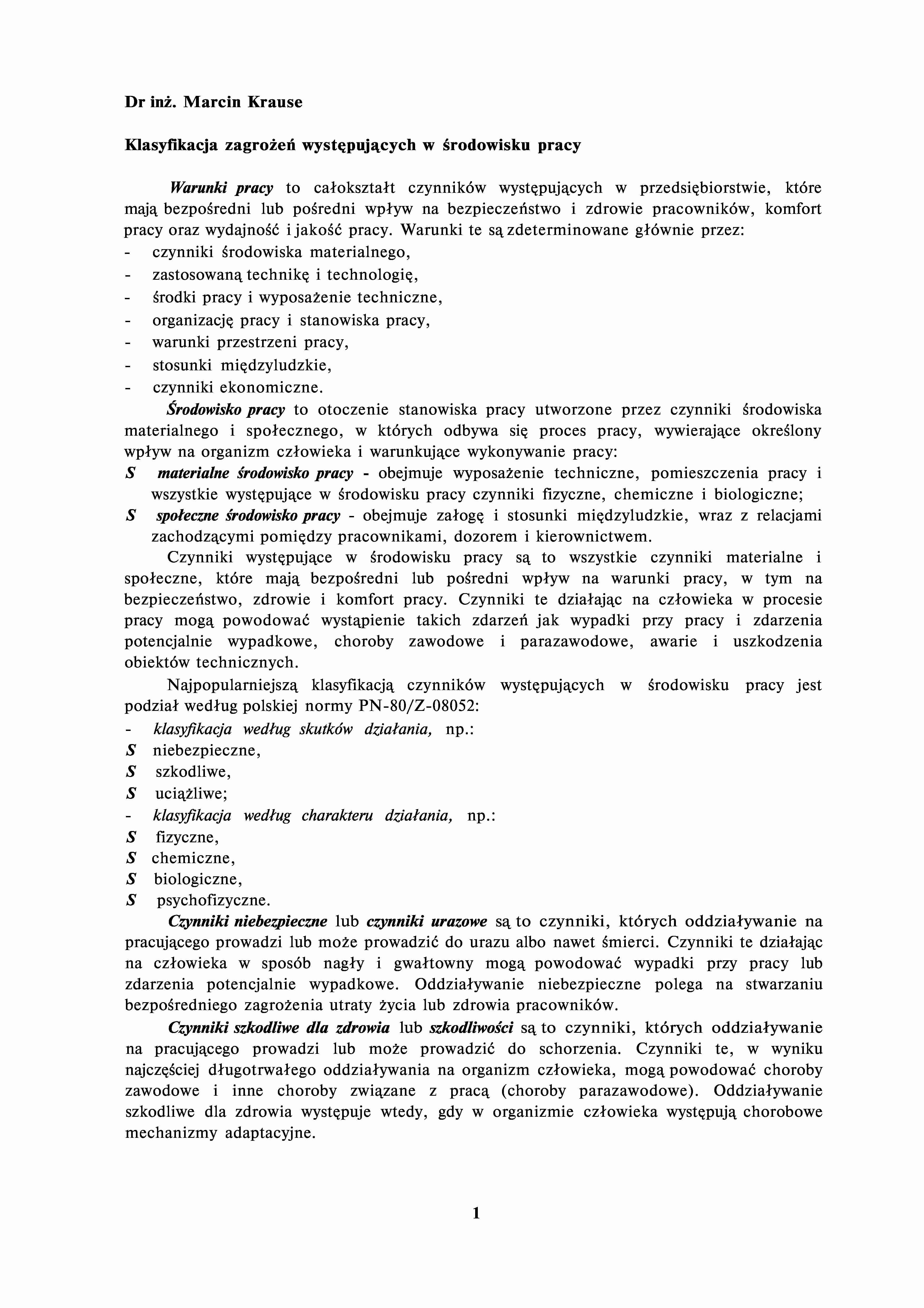 Wykład - Klasyfikacja zagrożeń występujących w środowisku pracy - strona 1