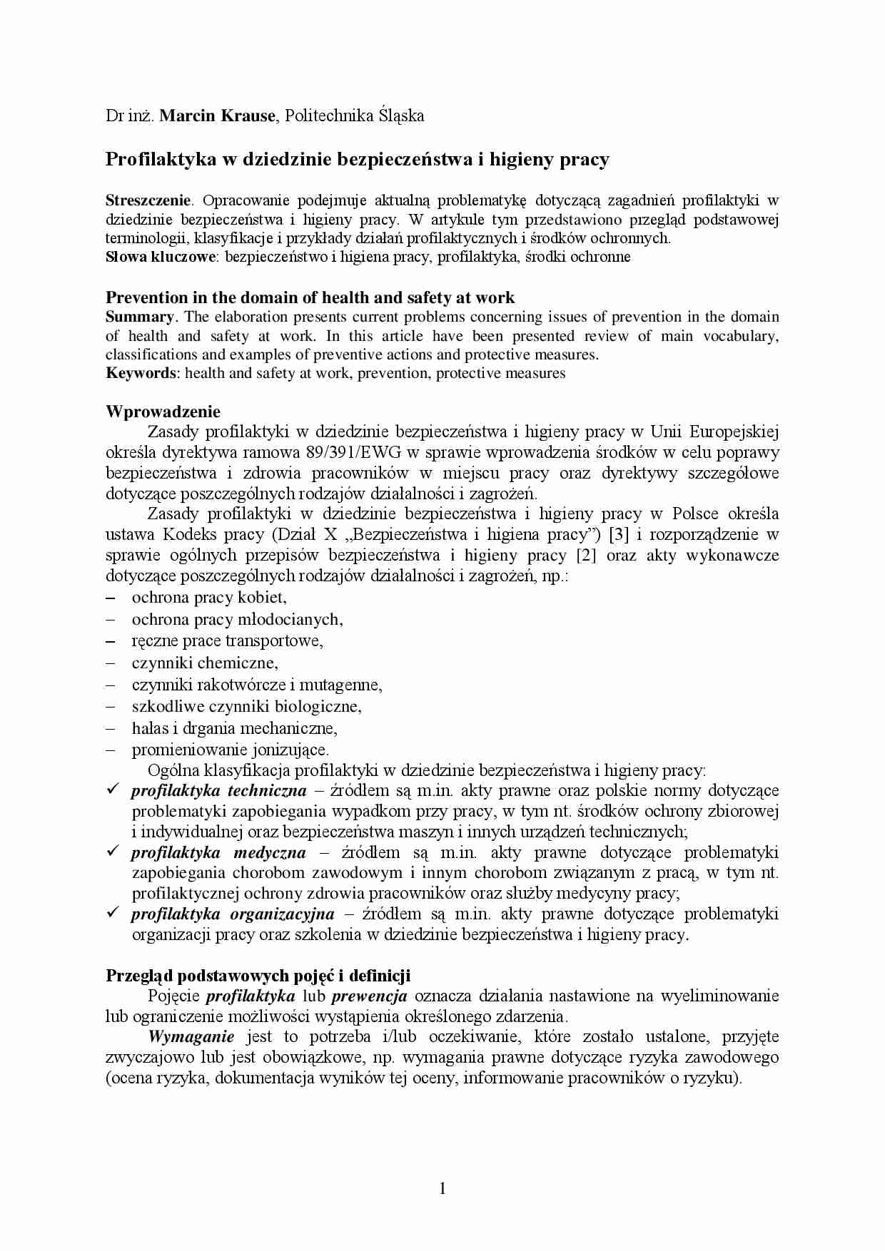 Wykład - Profilaktyka w dziedzinie bezpieczeństwa i higieny pracy - strona 1