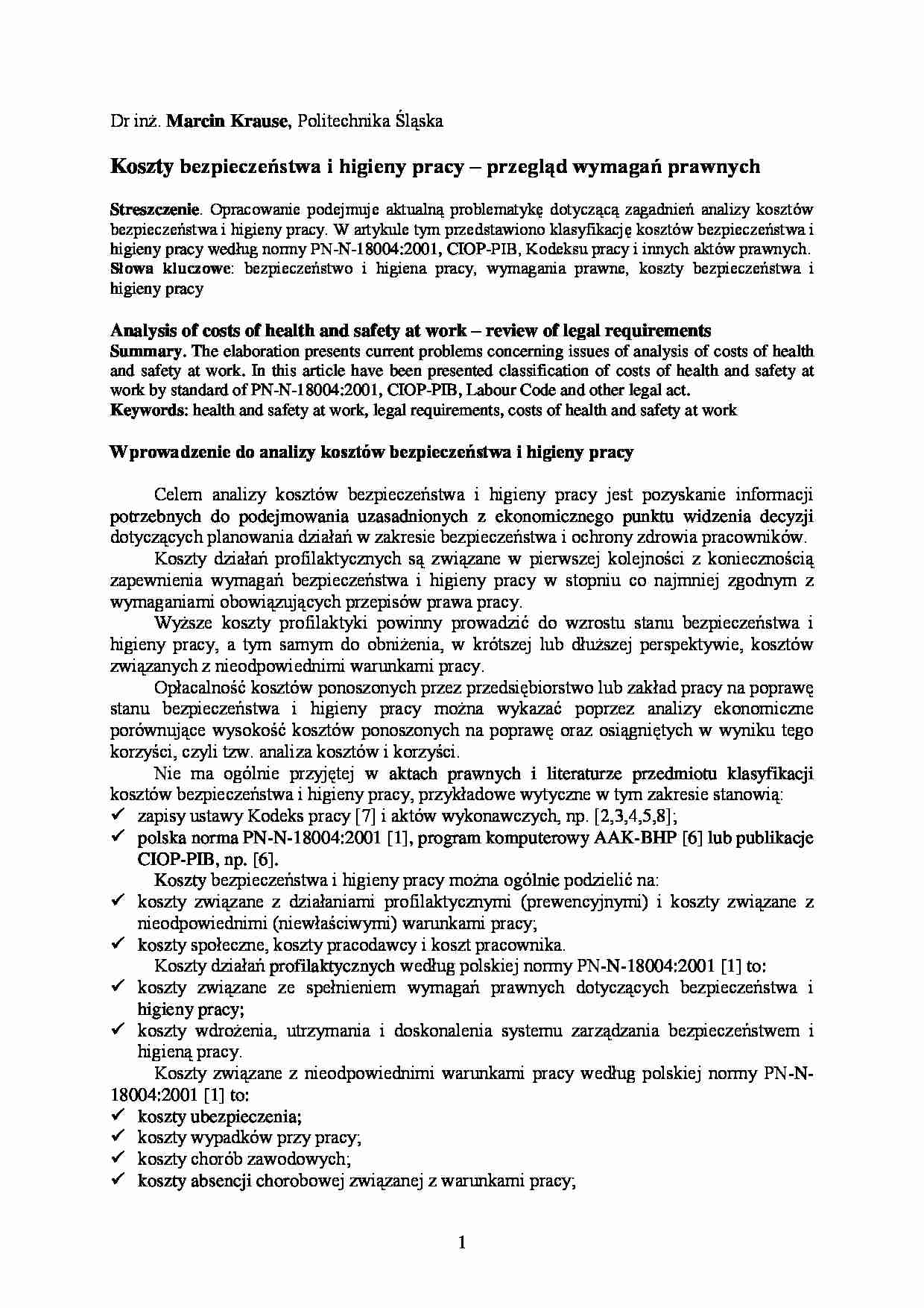 Wykład - Koszty bezpieczeństwa i higieny pracy - strona 1