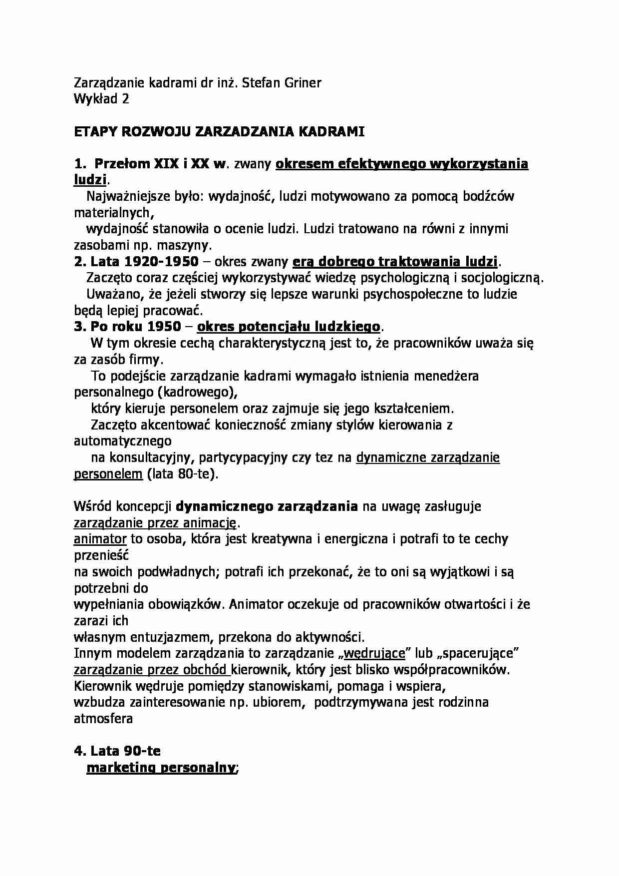 Wykład - etapy rozwoju zarządzania kadrami - strona 1