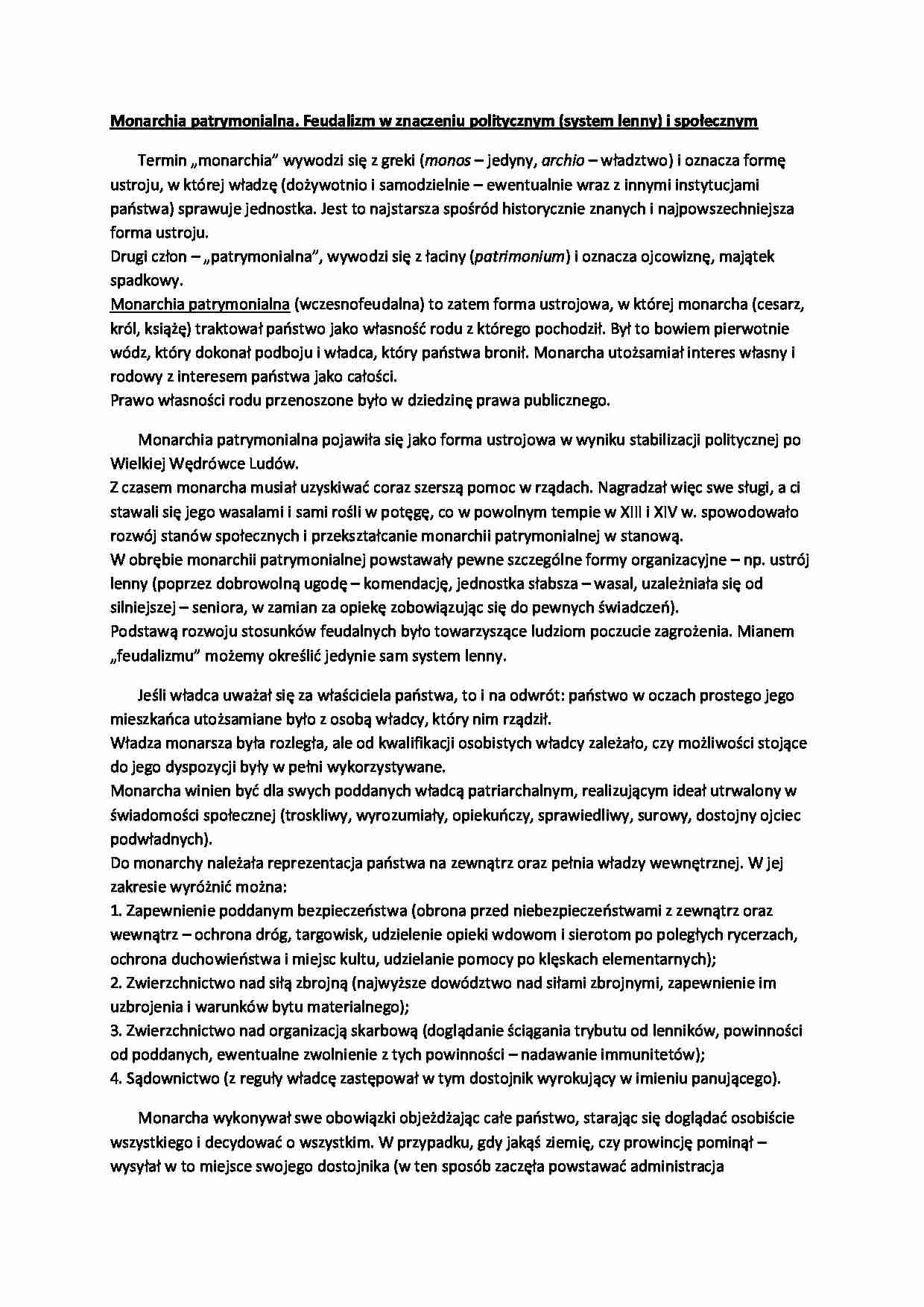 Monarchia patrymonialna. Feudalizm w znaczeniu politycznym (system lenny) i społecznym- Wykład - strona 1