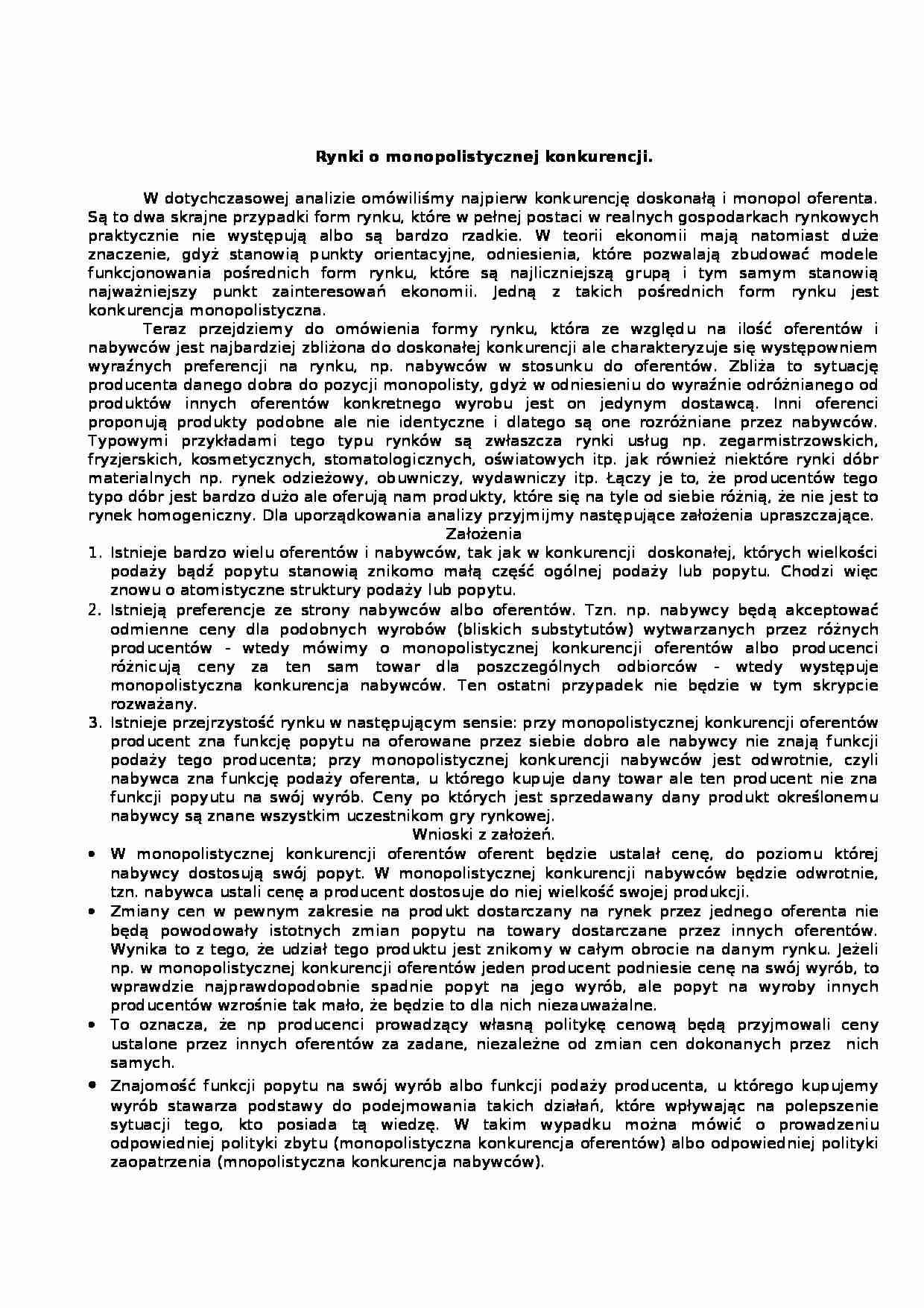 Rynki o monopolistycznej konkurencji - wykład - strona 1
