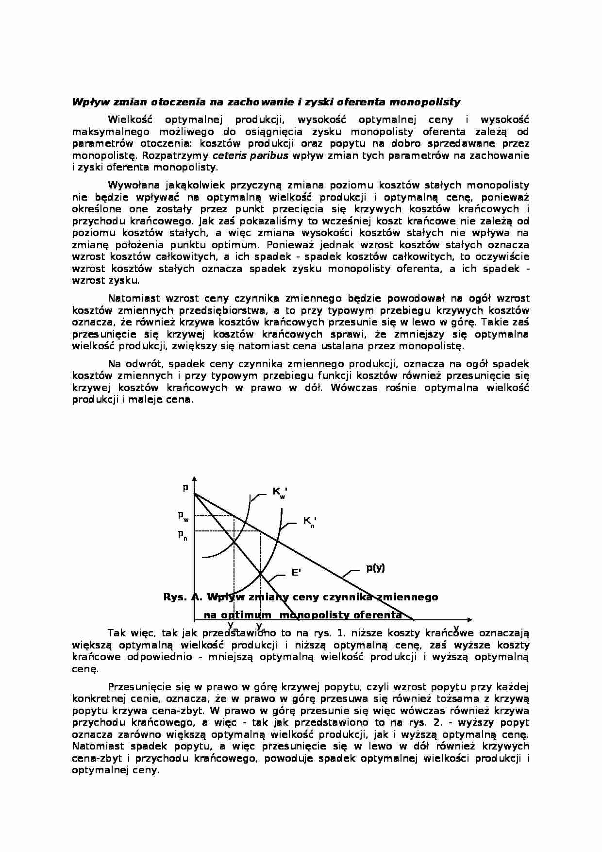 Wpływ zmian otoczenia na zachowanie i zyski oferenta monopol - wykład - strona 1