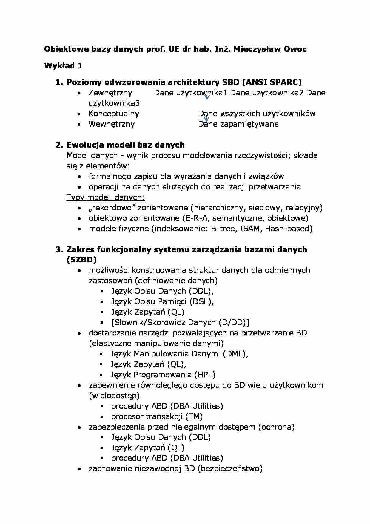 Wykład - Poziomy odwzorowania architektury SBD (ANSI SPARC) - strona 1