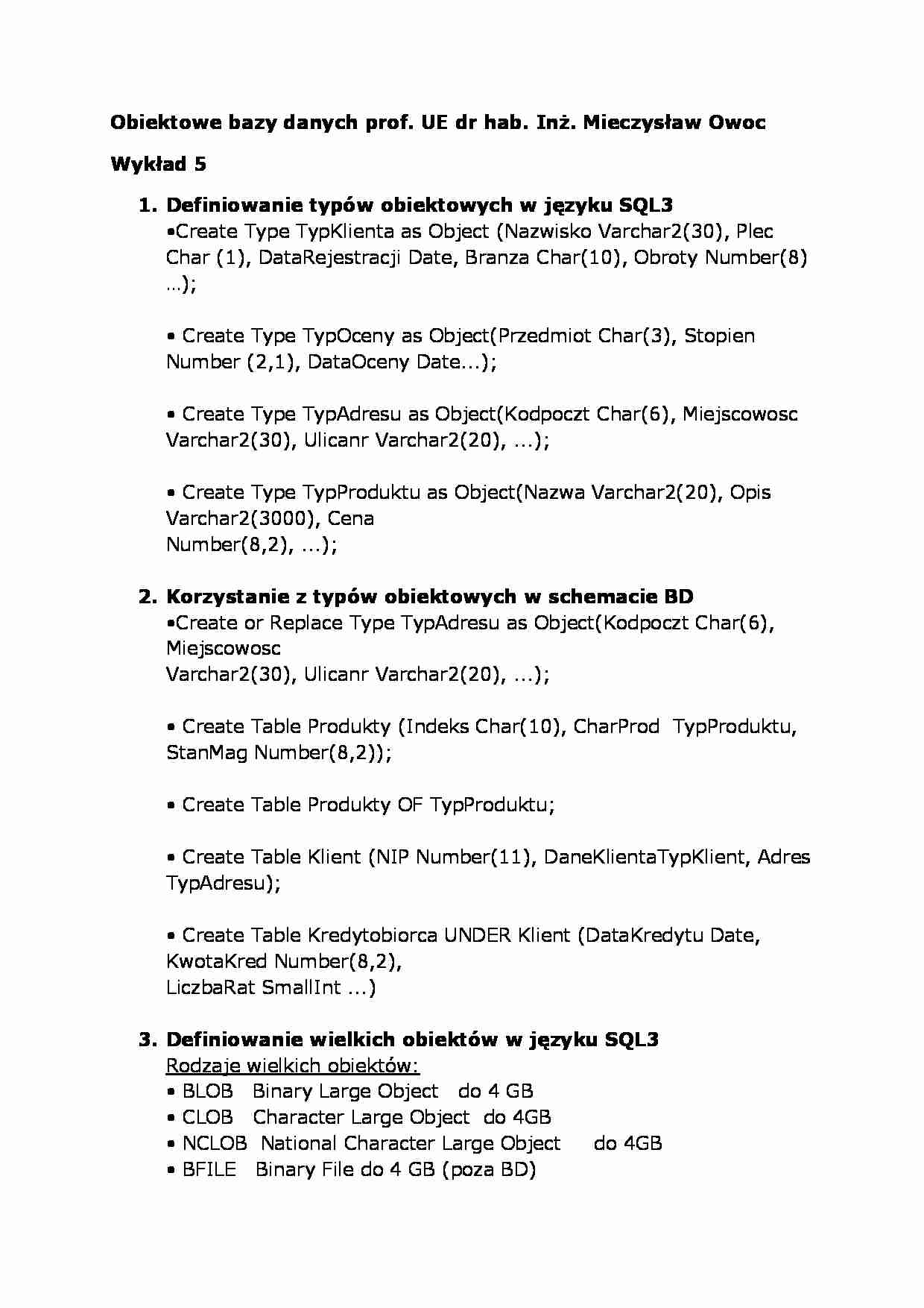 Wykład - Definiowanie typów obiektowych w języku SQL3 - strona 1
