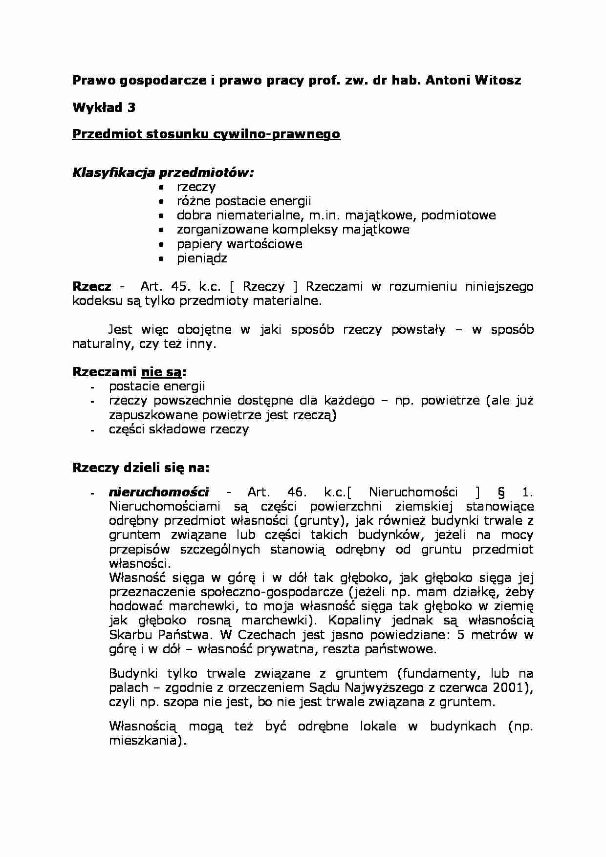 Wykład - Przedmiot stosunku cywilno-prawnego - strona 1