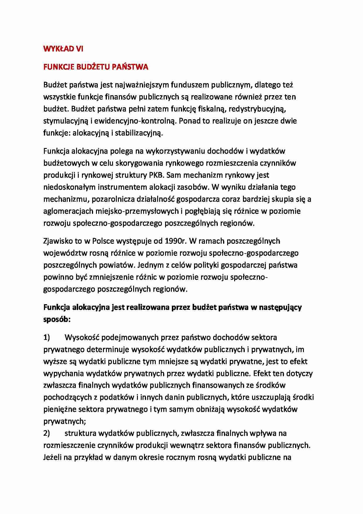 Funkcje budżetu państwa - wykład - strona 1