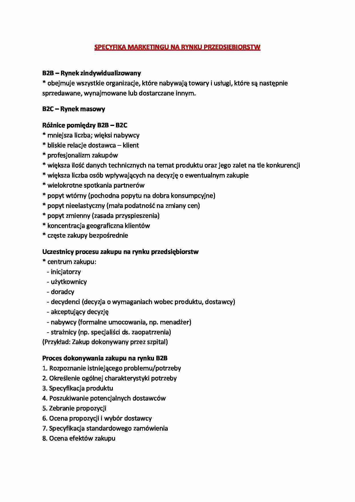 Specyfikacja marketingu na rynku przedsiębiorstw - wykład - strona 1