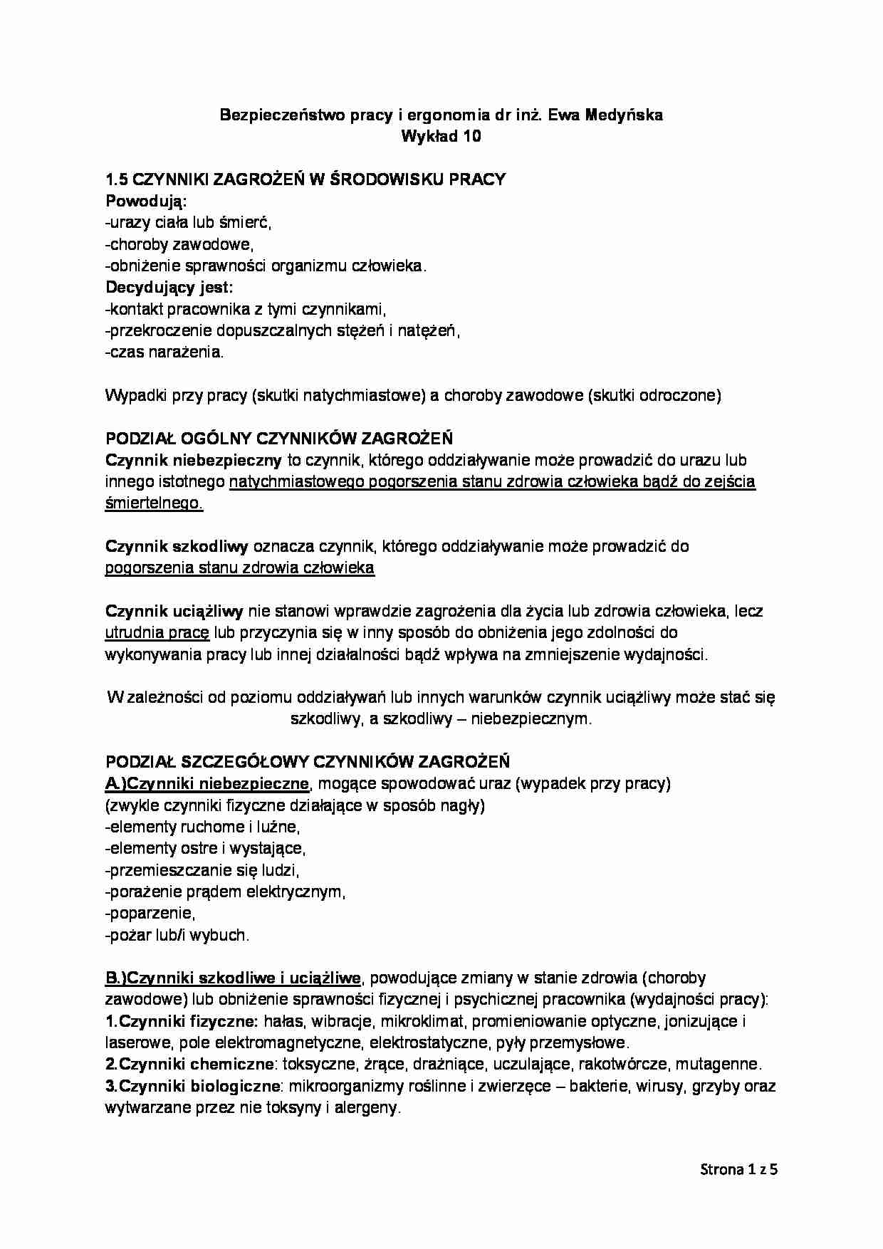 Wykład - Czynniki zagrożeń w środowisku pracy - strona 1