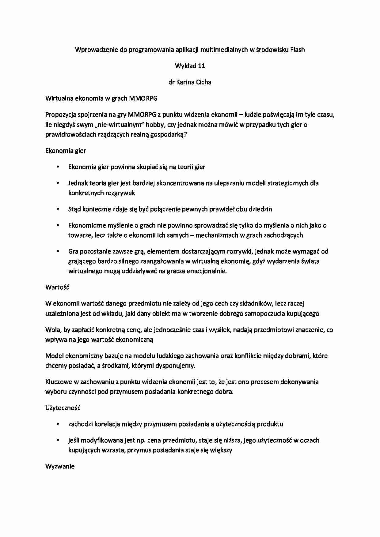 Wirtualna ekonomia w grach MMORPG - wykład - strona 1