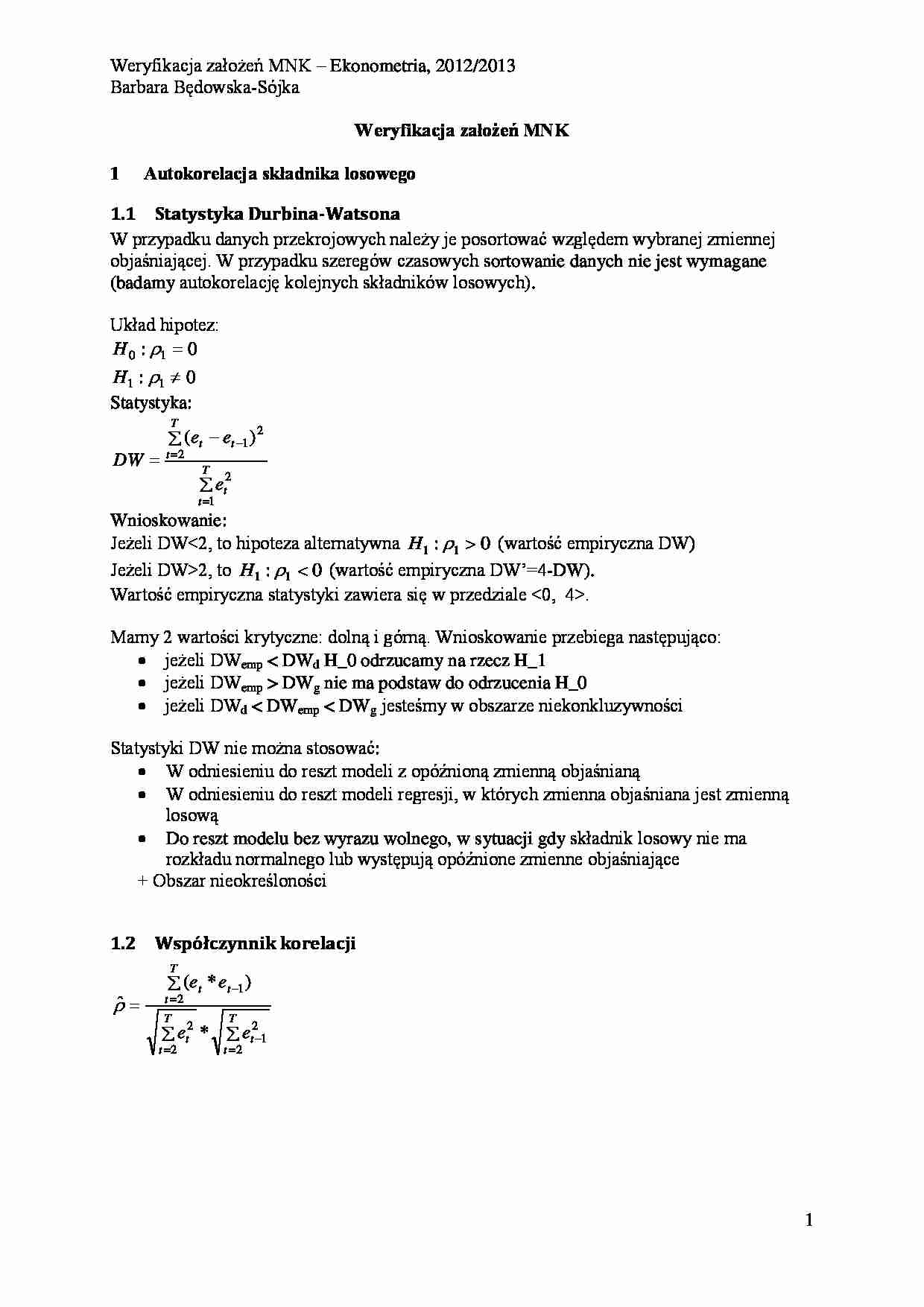 Ekonometria - weryfikacja założeń - strona 1
